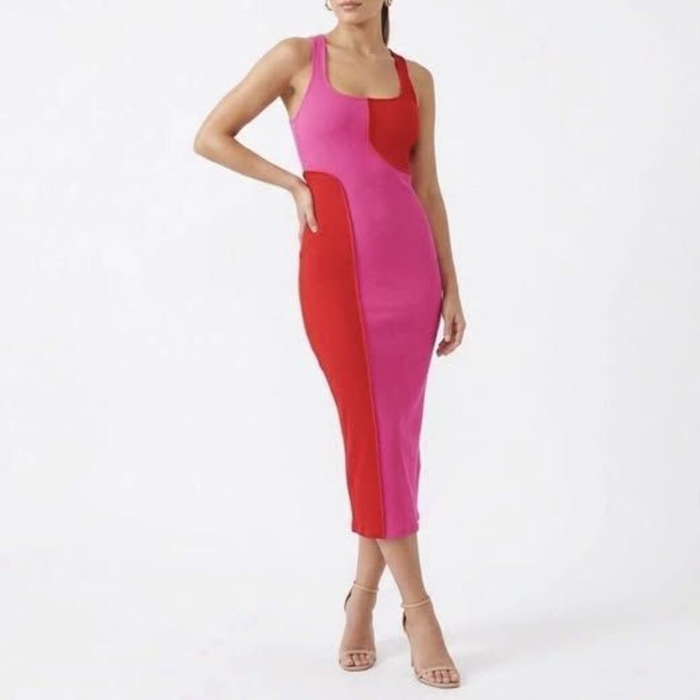 Naked Wardrobe Pink Red Colorblock Ribbed Midi Bodycon Dress Small Stretch